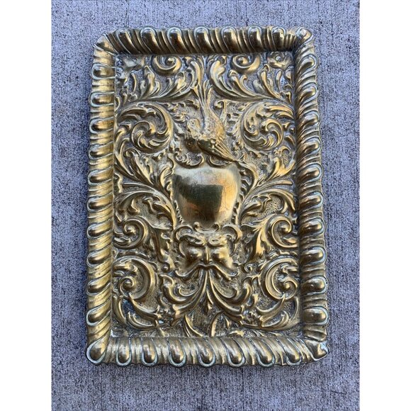 Ornate Repousse Brass Tray Baroque-Style Design Engraved Bird Motif - Picture 1 of 9